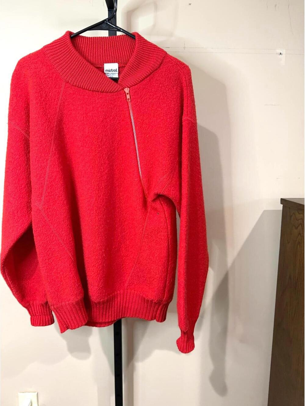 70s Mistral Red Wool Blend Men's Sweater with Asymmetrical Zipper